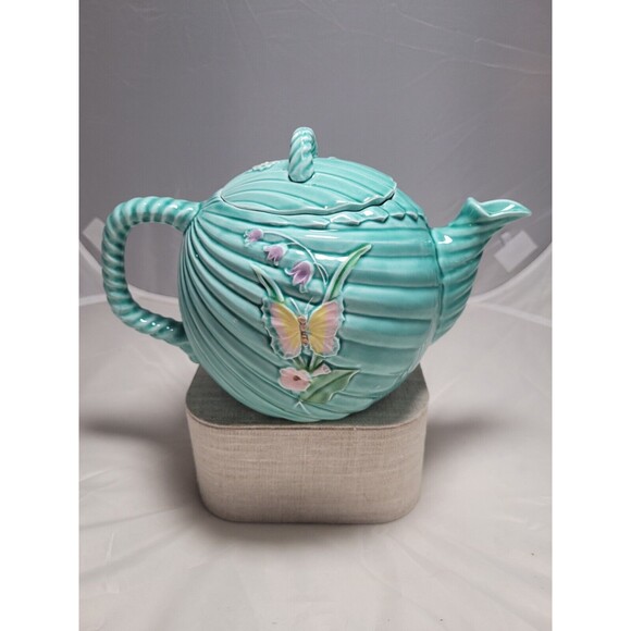 Rare Vtg 1989 Haldon Lily Of The Valley Butterfly Teapot Majolica - Picture 1 of 6